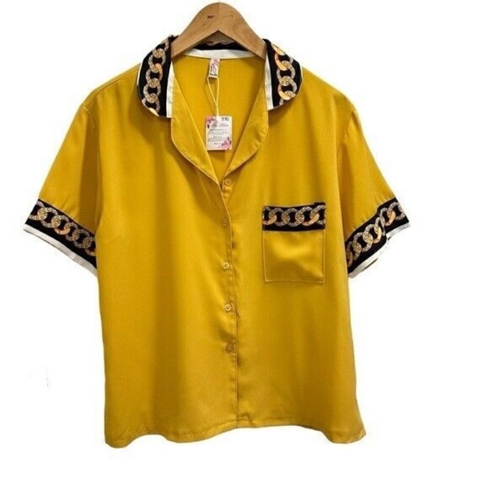 Tau Hin Yellow Chains Detail Button Front Women's Top Plus Size XXL